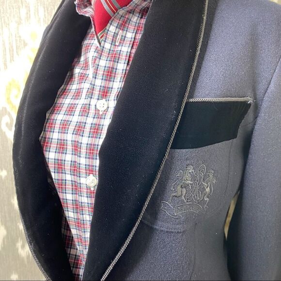 Ralph Lauren Black Wool Flannel & Velvet Trim Smoking Jacket with Crest - Picture 1 of 16